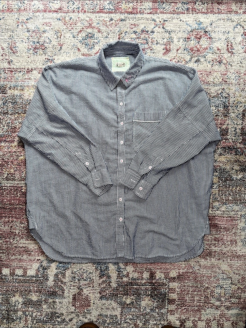Free People Oversized Striped Seersucker Button Down in Blue & White Stripe-XS